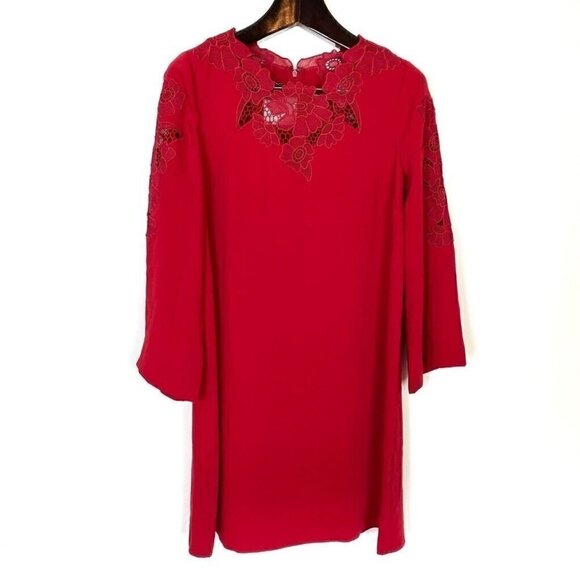 NEW Alfani Women's Shift Dress Red Scoop Neck Long Sleeve Zipper Floral Lace 4 - Picture 1 of 4
